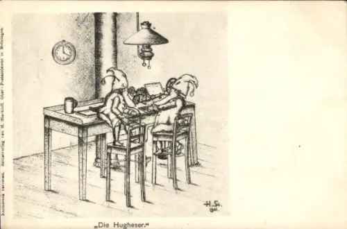 Künstler Ak Starkloff, H., Die Hugheser, Zwei Zwerge, Schreibtisch