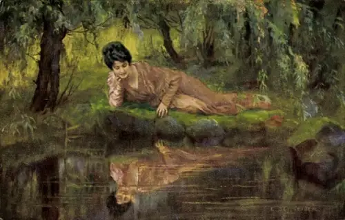Künstler Ak Am Weiher, Frau am Ufer