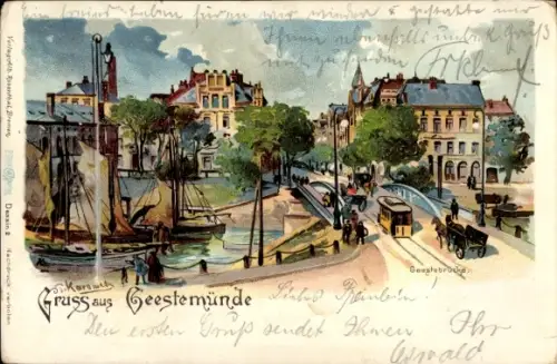 Künstler Litho Geestemünde Bremerhaven, Geestebrücke, Straßenbahn, Blick auf den Ort
