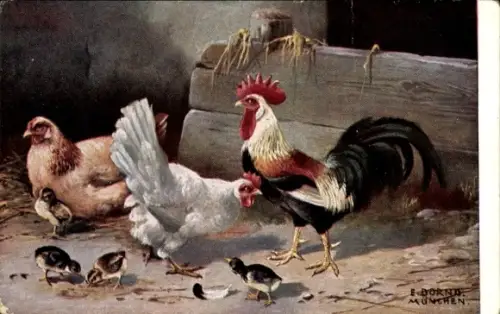 Künstler Ak Dorno, E., Hahn, zwei Hühner und Küken