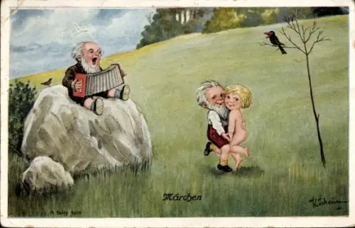 Künstler Ak W. Scheuermann, Märchen, Zwerge beim Tanz, Ziehharmonika, Vogel