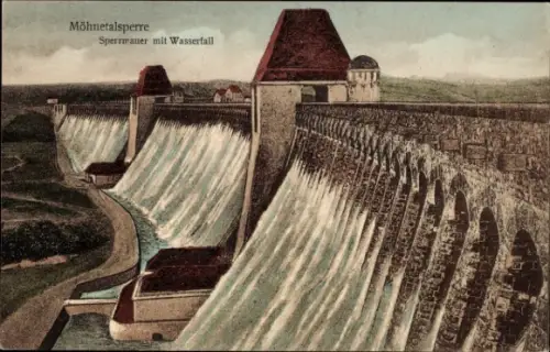 Ak Möhnesee in Westfalen, Möhnetalsperre,  Sperrmauer mit Wasserfall