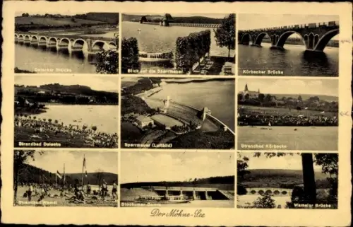 Ak Delecke Möhnesee in Westfalen, Möhnetalsperre, Delecker Brücke, Körbecker Brücke, Strandbad
