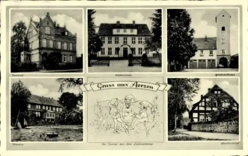 Ak Aerzen im Weserbergland, Gruß aus  Volksschule, Spritzenhaus, Die Zwerge aus den Lauenbergen, 