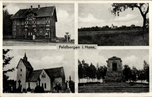 Ak Feldbergen Söhlde in Niedersachsen,  Fachwerkhaus, Dorfpanorama, Kirche, Friedhof, Kriegerdenk