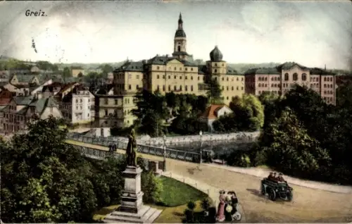 Ak Greiz im Vogtland Thüringen,  Schloss  Brücke, Denkmal, Automobil