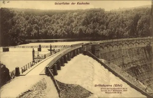 Ak Gemünd Schleiden in der Eifel, Urfttalsperre, Ueberfluten der Kaskaden,  Sperrmauer 58 m, Inha