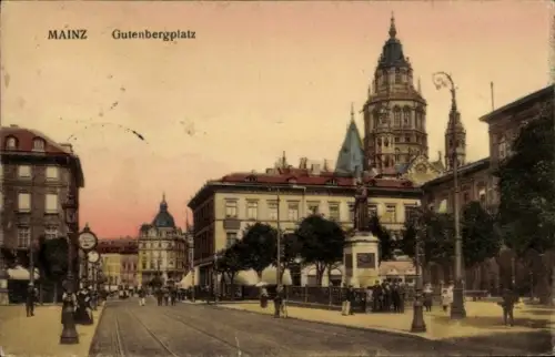 Ak Mainz am Rhein,  Gutenbergplatz, Gutenberg-Denkmal, Mainzer Dom