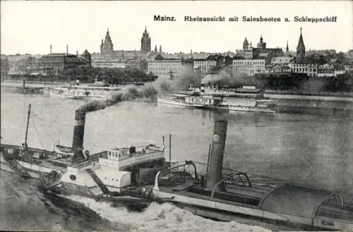 Ak Mainz am Rhein,  Rheinansicht, Salonboote, Schleppschiff