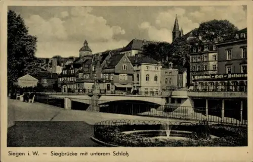 Ak Siegen in Westfalen,  Siegbrücke, unteres Schloß, Central-Café-Restaurant