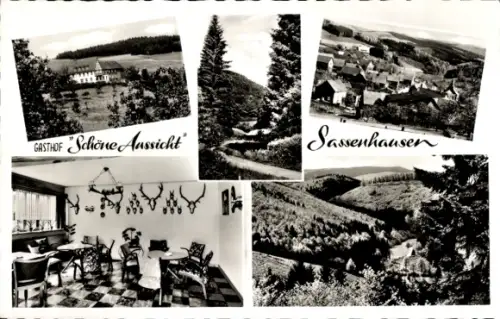 Ak Sassenhausen Bad Berleburg in Westfalen, Gasthof Schöne Aussicht, Speiseraum, Totale Ort
