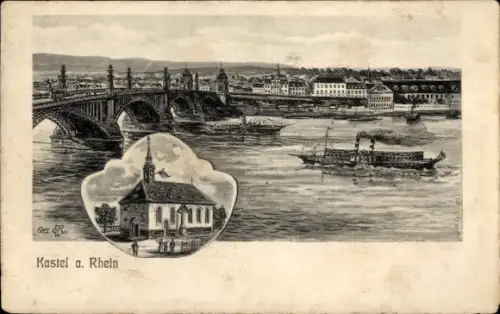 Ak Mainz Kastel am Rhein Wiesbaden in Hessen,  Rheinbrücke, Rheinufer, Dampfschiff, Kirche