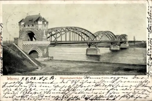 Ak Worms am Rhein,  Eisenbahnbrücke, Rhein, Brückenturm