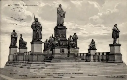 Ak Worms am Rhein,  Lutherdenkmal, Luther, Melanchthon, Reuchlin, Friedr. d. Weise, Savonarola, H