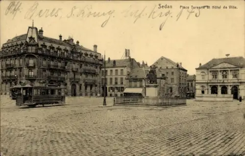 Ak Sedan Ardennes, Place Turenne, Hotel de Ville, tramway