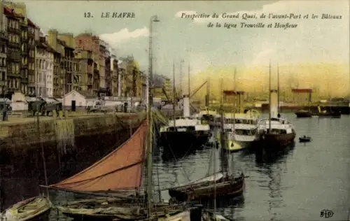 Ak Le Havre Seine Maritime,  Grand Quai, Avant-Port, Boote der Linie Trouville und Honfleur