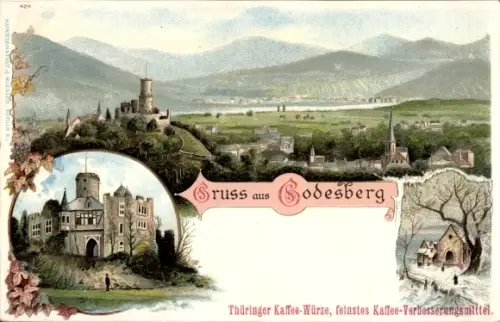 Litho Bad Godesberg Bonn am Rhein, Panorama mit Ruine, Godesburg, Winteransicht