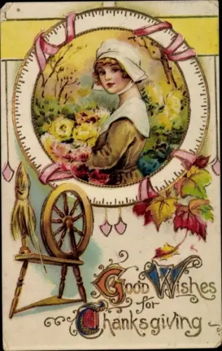 Präge Litho Thanksgiving, Frau mit Blumen, Spinnrad