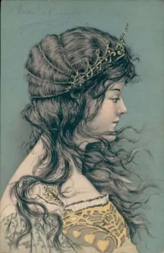 Jugendstil Künstler Ak Frauenbildnis im Profil, Kopfschmuck