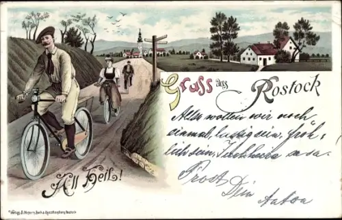Litho All Heil, Radfahrer, Gruß aus Rostock