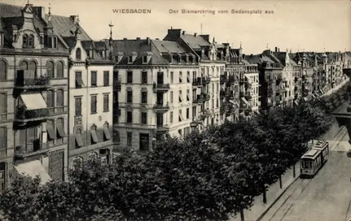 Ak Wiesbaden in Hessen, Bismarckring vom Sedanplatz aus, Straßenbahn