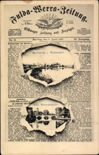 Zeitungs Ak Eschwege an der Werra Hessen, Gesamtansicht, alte Werrabrücke, Fulda-Werra-Zeitung