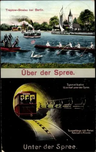 Ak Treptow Berlin, Ruderpartie über die Spree, Tunnelbahn unter der Spree