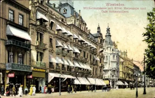 Ak Wiesbaden in Hessen, Wilhelmstraße mit Hotel Metropole und Café Hohenzollern
