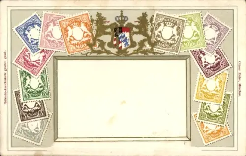 Präge Wappen Briefmarken Passepartout Ak Bayern, 2 Mark, 3 Mark, 3 Pfennig