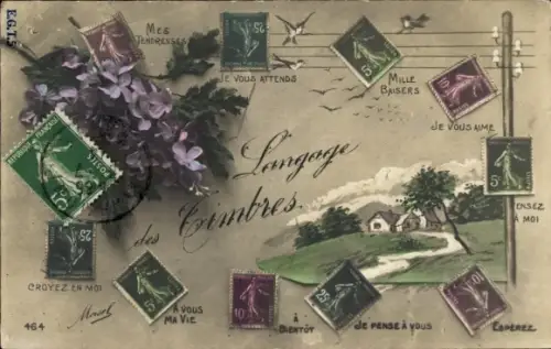 Ak Briefmarkensprache, Dorfidyll, Blumen