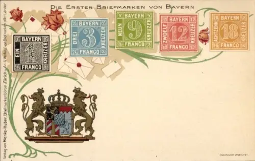 Briefmarken Litho Die ersten Briefmarken von Bayern, Kreuzer, Wappen