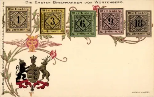 Briefmarken Wappen Litho Die ersten Briefmarken von Württemberg, Hermesstab