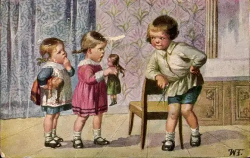Künstler Ak Fialkowska, Wally, Wünschen die Damen Bubikopf, Kinder, Puppen