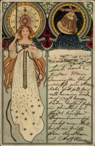 Jugendstil Künstler Litho Kulas, Neujahr, Frau, Uhr, Glocke