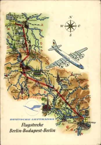 Landkarten Ak Lufthansa, Flugstrecke Berlin Budapest