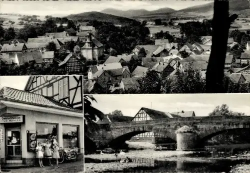 Ak Goßfelden Lahntal in Hessen, Gesamtansicht, Brücke, Geschäft