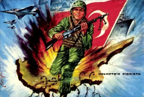 Künstler Ak Türkische Armee, Soldat, Fahne, Propaganda