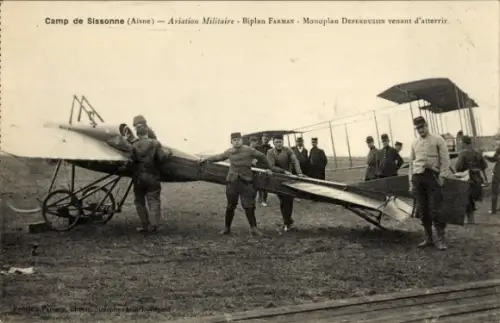 Ak Camp de Sissonne, Aisne, Aviation Militaire, Biplan Farman, Monoplan Deperdussin