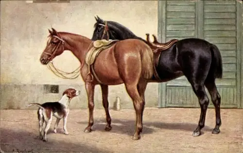 Künstler Ak Reichert, Zwei Pferde, Hund