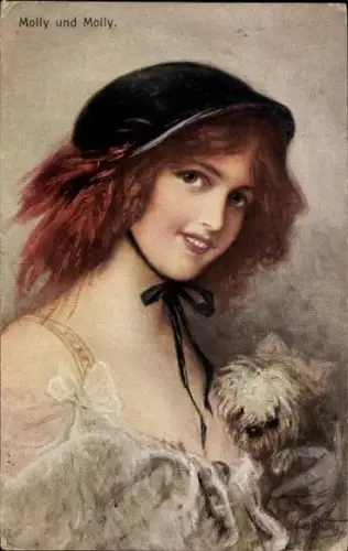 Künstler Ak Dietze, Molly und Molly, Frau mit Hund