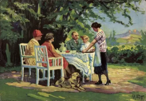 Künstler Ak Frost, M., Im Park, Familie am Tisch, Hund, Krug, Tassen