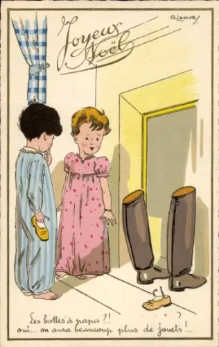 Künstler Ak Laure, G., Glückwunsch Weihnachten, Kinder am Zimmer der Eltern, Stiefel, Schuhe