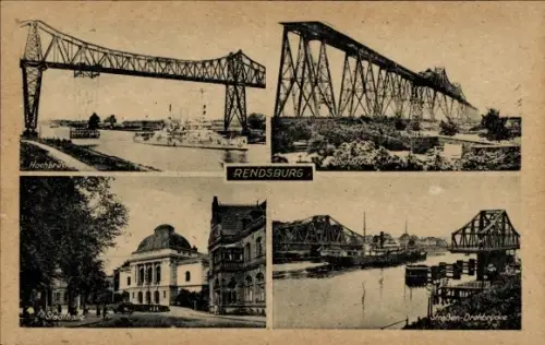 Ak Rendsburg in Schleswig Holstein, Hochbrücke, Stadthalle, Straßen Drehbrücke