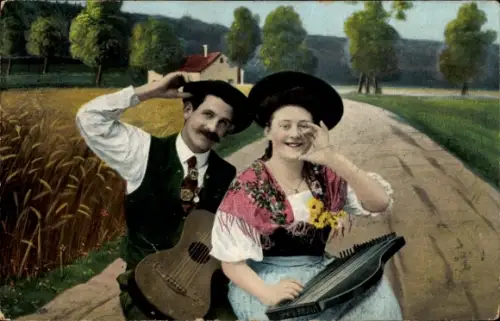 Ak Paar in bayerischer Tracht, Musikinstrumente