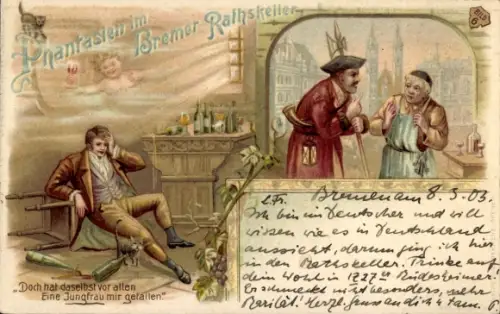 Litho Hansestadt Bremen, Phantasien im Bremer Ratskeller, Betrunkener mit Weinflaschen, Katze