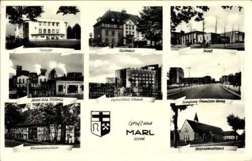 Ak Marl im Ruhrgebiet, Stadtwappen, Rathaus, Insel, Chemische Werke, Feierabendhaus, Heimatmuseum