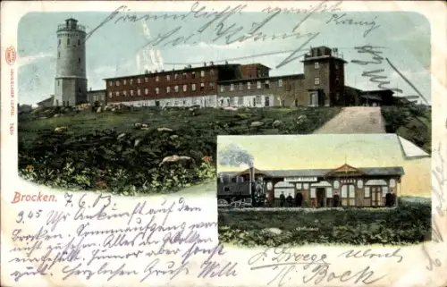 Ak Brocken Nationalpark Harz, Bahnhof der Brockenbahn, Dampflokomotive, Brockenhaus, Turm