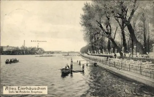 Ak Berlin Treptow,  Anlegestelle am Alten Eierhäuschen, Inhaber W. Andre, Ruderboote