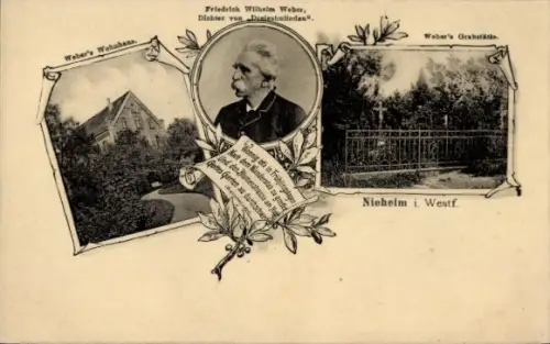 Ak Nieheim in Westfalen, Portrait Friedrich Wilhelm Weber, Grabstätte, Wohnhaus