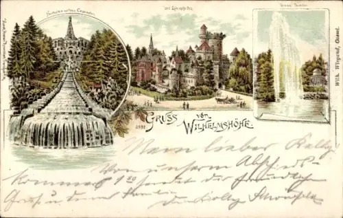 Litho Bad Wilhelmshöhe Kassel in Hessen, Löwenburg, Große Fontäne, Herkules, Kaskaden